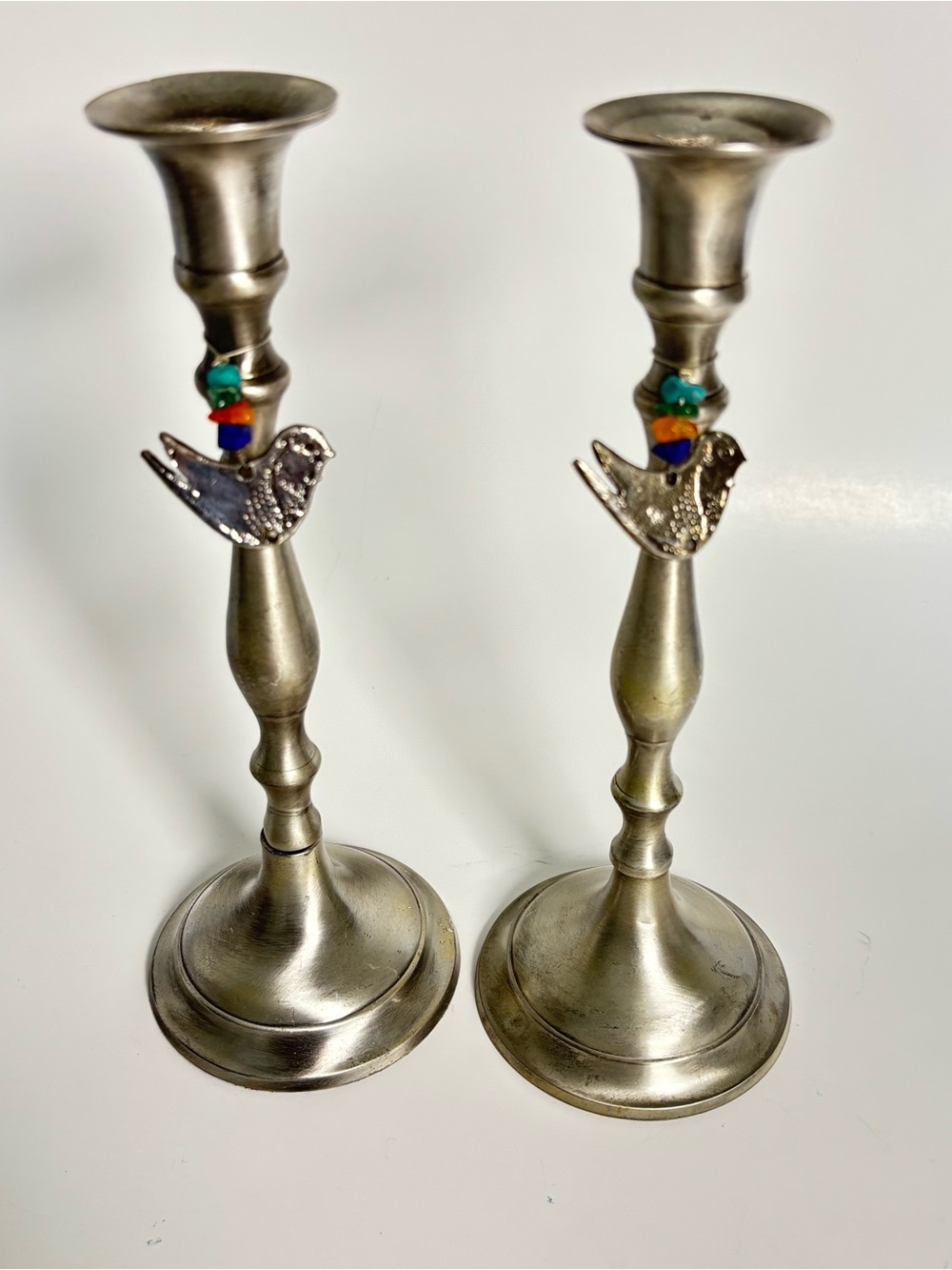 Silver Tone Candle Sticks Birds Beads Boho Cottage Folk Art Set of 2